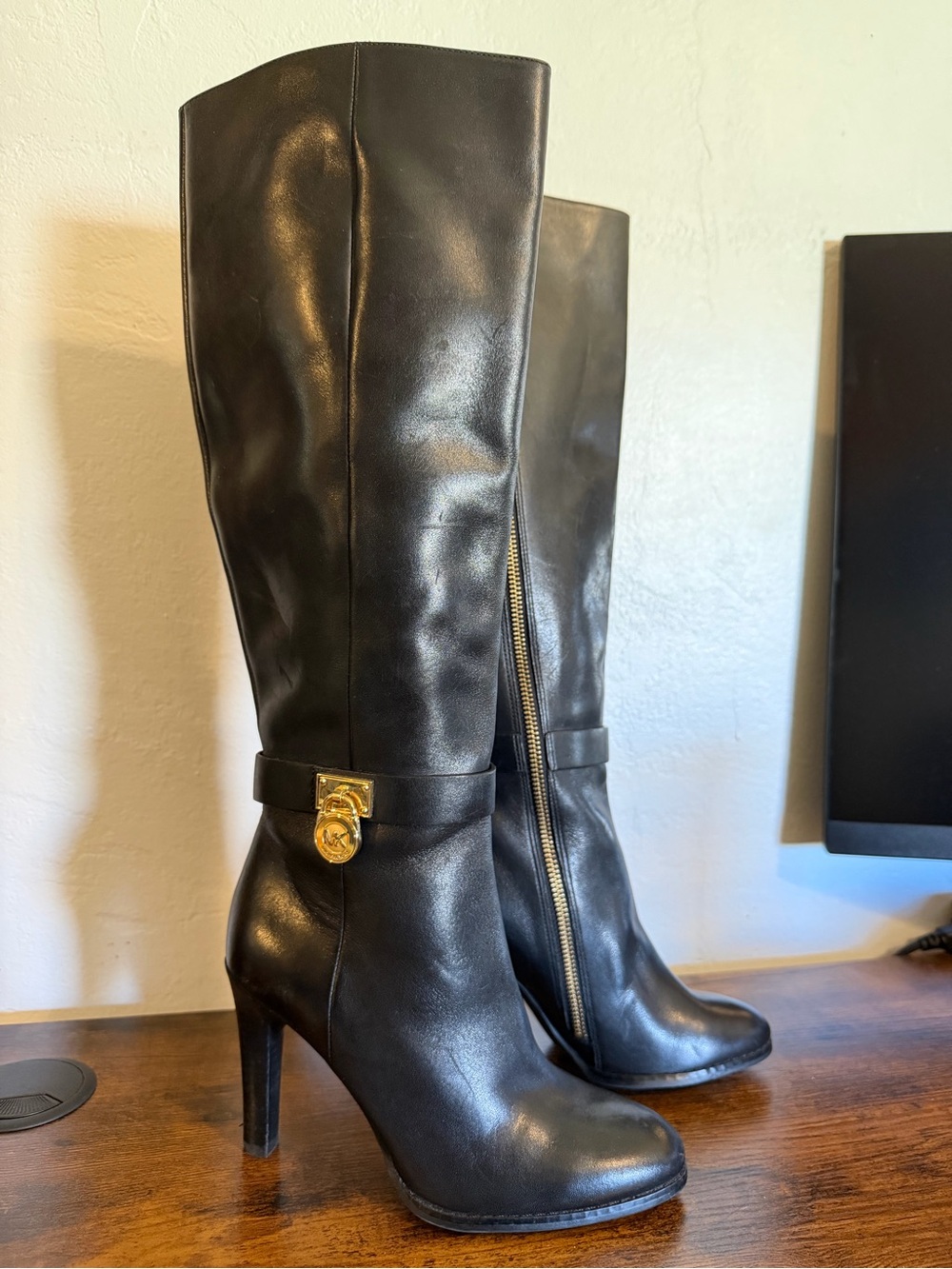 Michael Kors Black Leather Knee-High Heeled Boots with Gold Hardware